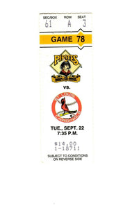 Sep 22 1992 St Louis Cardinals @ Pittsburgh Pirates Ticket Barry Bonds Van Slyke