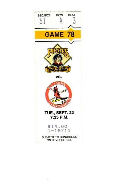 Sep 22 1992 St Louis Cardinals @ Pittsburgh Pirates Ticket Barry Bonds Van Slyke