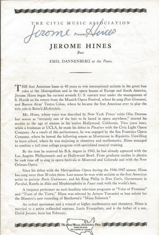 Jerome Hines Signed Vintage Civic Music Association Program JSA