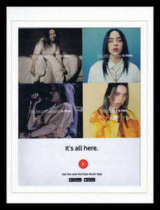 Billie Eilish 2019 Youtube Framed 11x14 ORIGINAL Advertisement