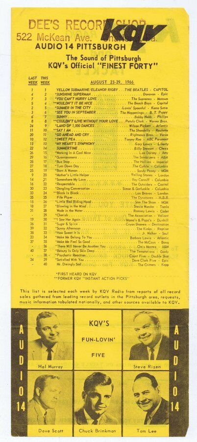 VINTAGE Aug 23 1966 KQV Radio Pittsburgh Music Survey Beatles Yellow Submarine