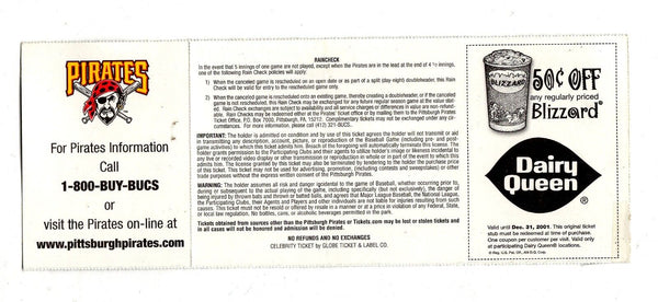 Aug 11 2001 San Diego Padres Pittsburgh Pirates Ticket Tony Gwynn FINAL HR