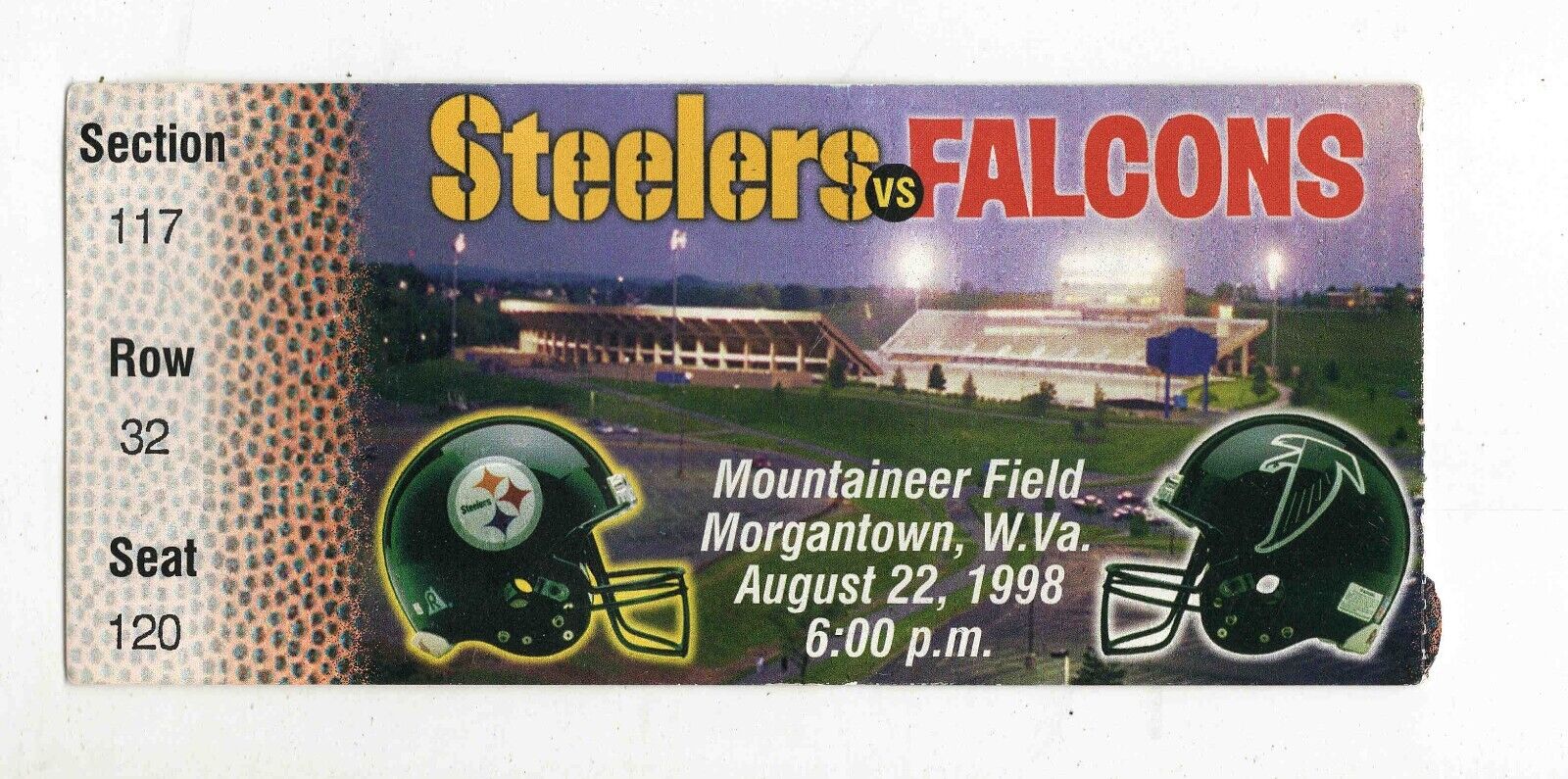 Aug 22 1998 Falcons @ Pittsburgh Steelers Ticket Morgantown WV Hines Ward RC