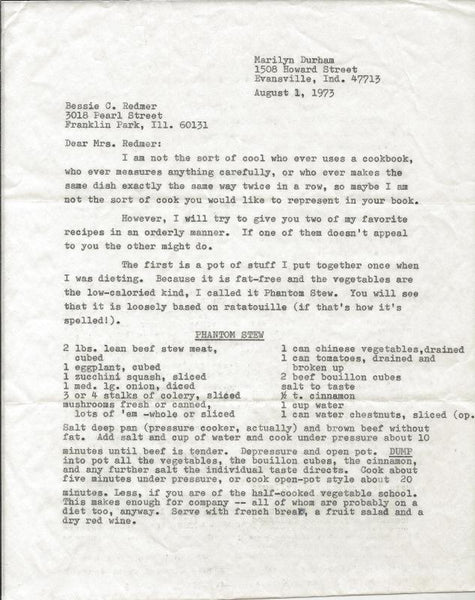 Marilyn Durham Signed 1973 Typed Letter & Soup Recipe