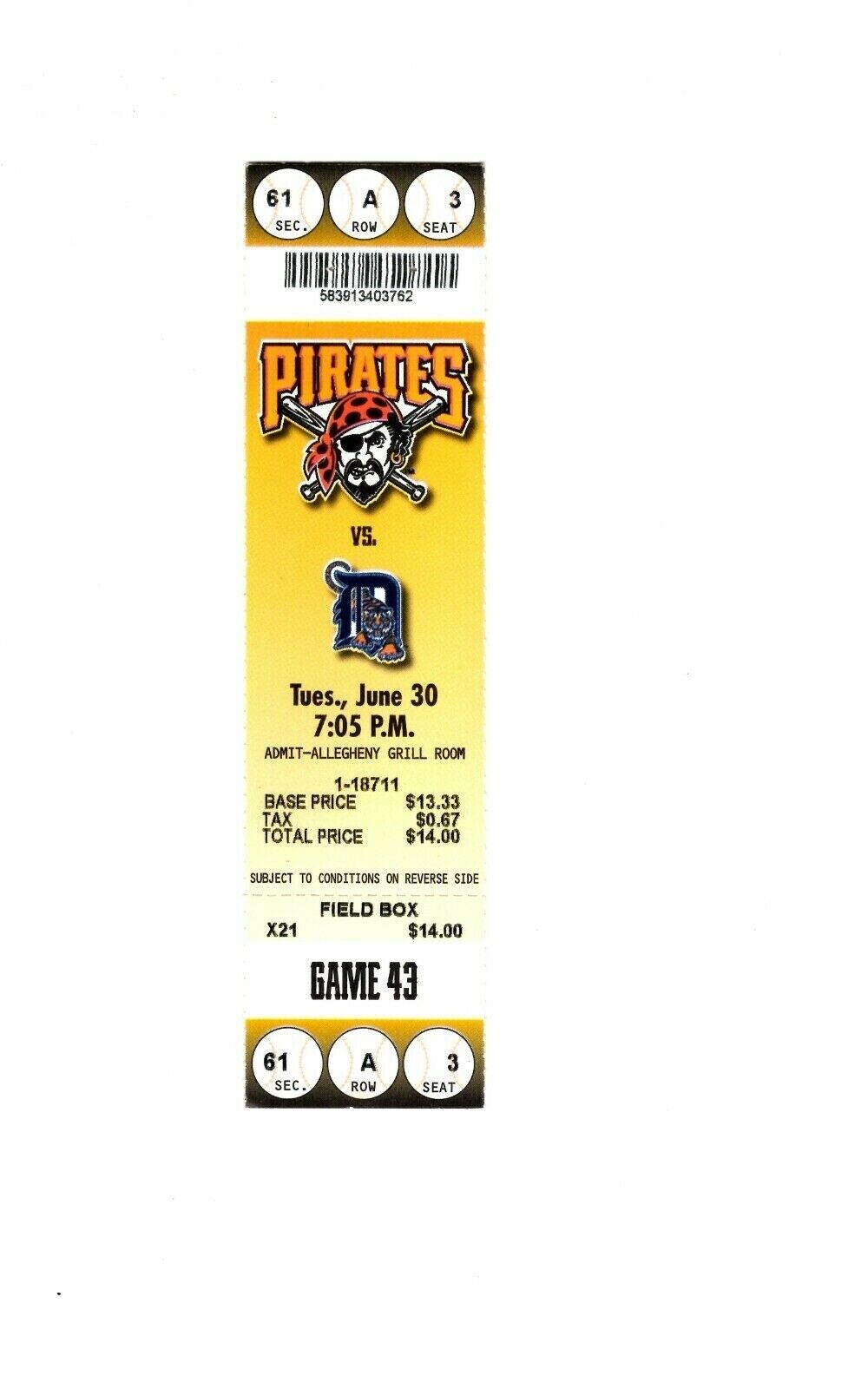 June 30 1998 Detroit Tigers @ Pittsburgh Pirates Ticket Jason Kendall 4 Hits