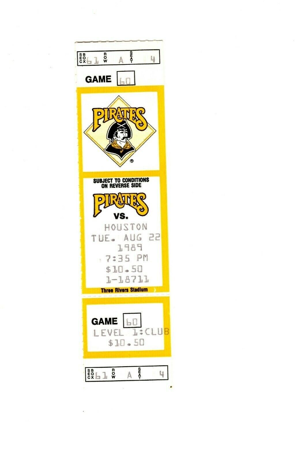 Aug 22 1989 Houston Astros @ Pittsburgh Pirates Ticket Barry Bonds 3 Hits