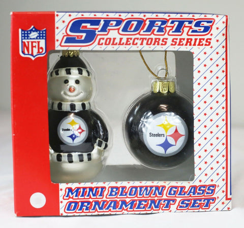 VINTAGE SEALED Pittsburgh Steelers Glass Snowman + Ball Christmas Ornament Set