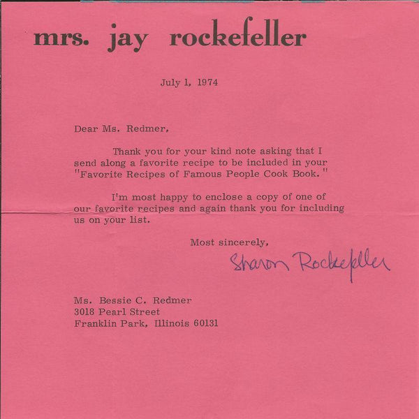 Sharon Mrs Jay Rockefeller Signed 1974 Typed Letter