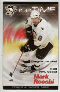 Jan 30 2007 Florida @ Pittsburgh Penguins Program Mark Recchi 500 Goals