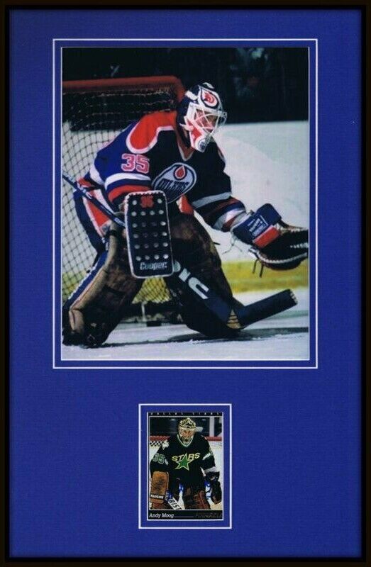 Andy Moog Signed Framed 11x17 Photo Display JSA Oilers