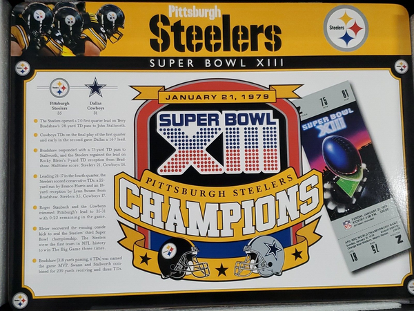 Danbury Mint Pittsburgh Steelers 6x Super Bowl Champions Wood Placemat Tray Set