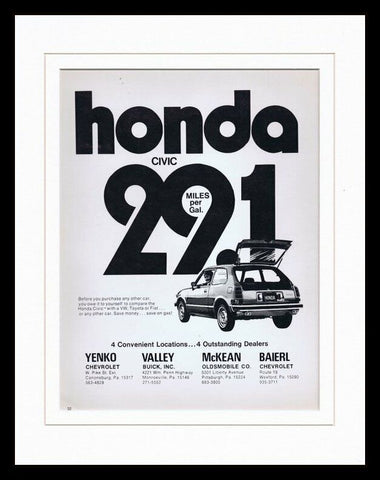 1973 Pittsburgh Honda Civic Dealers Framed 11x14 ORIGINAL Vintage Advertisement