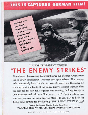 The Enemy Strikes WWII 1945 ORIGINAL Vintage 9x12 Industry Ad  