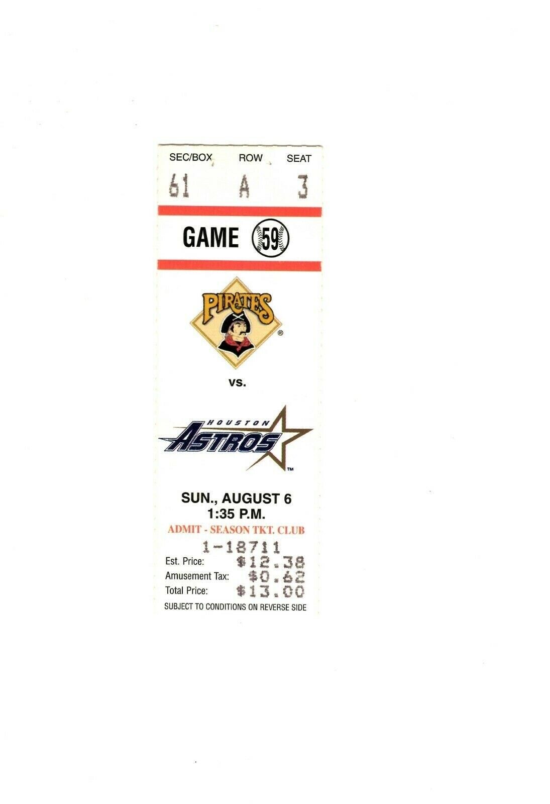 Aug 6 1995 Houston Astros @ Pittsburgh Pirates Ticket Jay Bell / O Miller 2 HR 