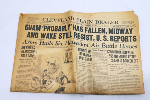 ORIGINAL Vintage Dec 14 1941 WWII Guam Falls Cleveland Plain Dealer Newspaper 