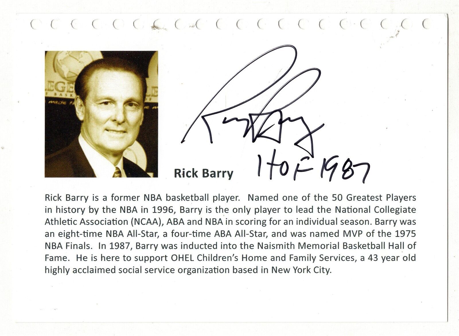 Rick Barry Signed 5x7 Photo Card HOF 1987 Inscription 