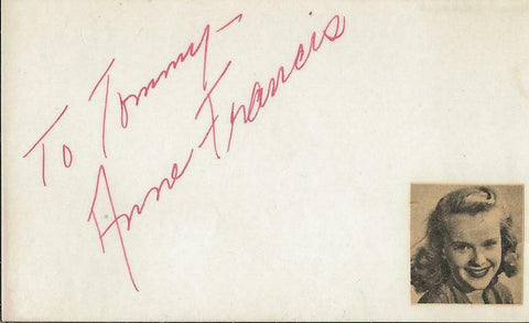 Anne Francis Signed Vintage 3x5 Index Card JSA Forbidden Planet