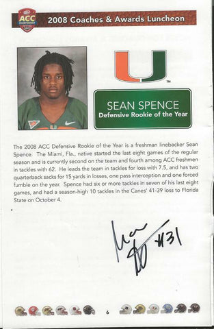 Sean Spence Signed 2008 ACC Awards Luncheon Program Page Miami Steelers