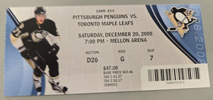 Dec 20 2008 Maple Leafs @ Penguins Ticket Pascal Dupuis Evgeni Malkin Goal