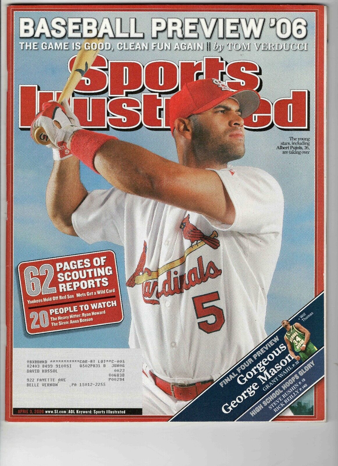 Apr 3 2006 Sports Illustrated Magazine Albert Pujols Cardinals