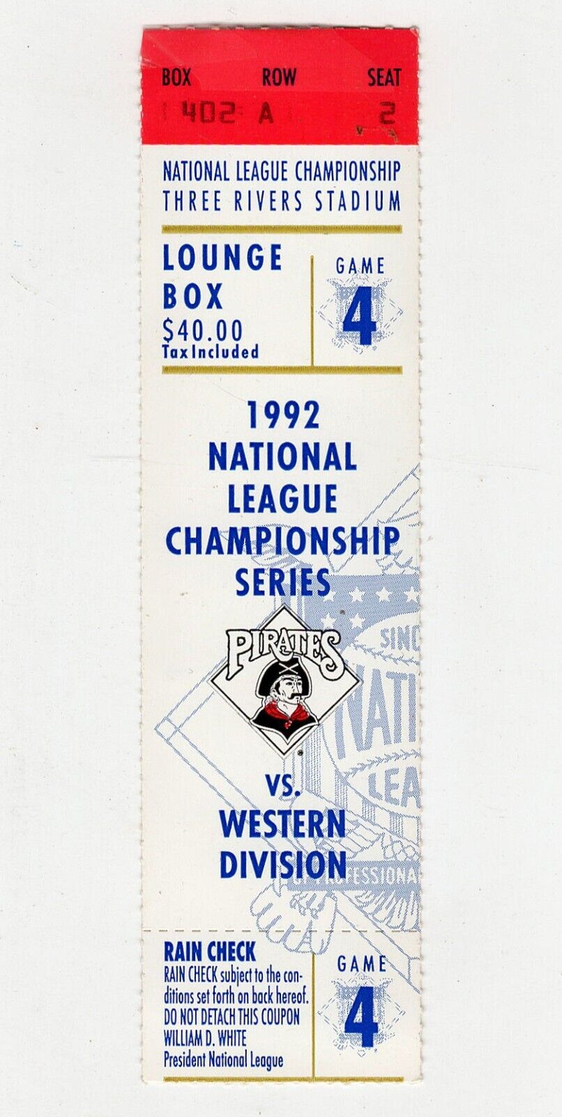 VINTAGE 1992 NLCS Game 4 Atlanta Braves Pittsburgh Pirates Ticket John Smoltz W