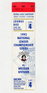 VINTAGE 1992 NLCS Game 4 Atlanta Braves Pittsburgh Pirates Ticket John Smoltz W