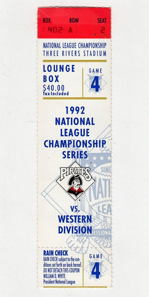 VINTAGE 1992 NLCS Game 4 Atlanta Braves Pittsburgh Pirates Ticket John Smoltz W