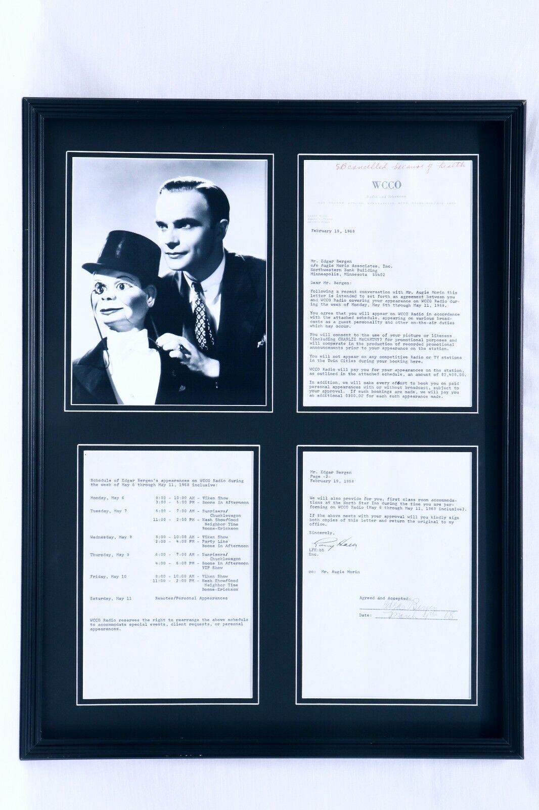 Edgar Bergen Signed Framed 1968 TV Contract & Photo Display