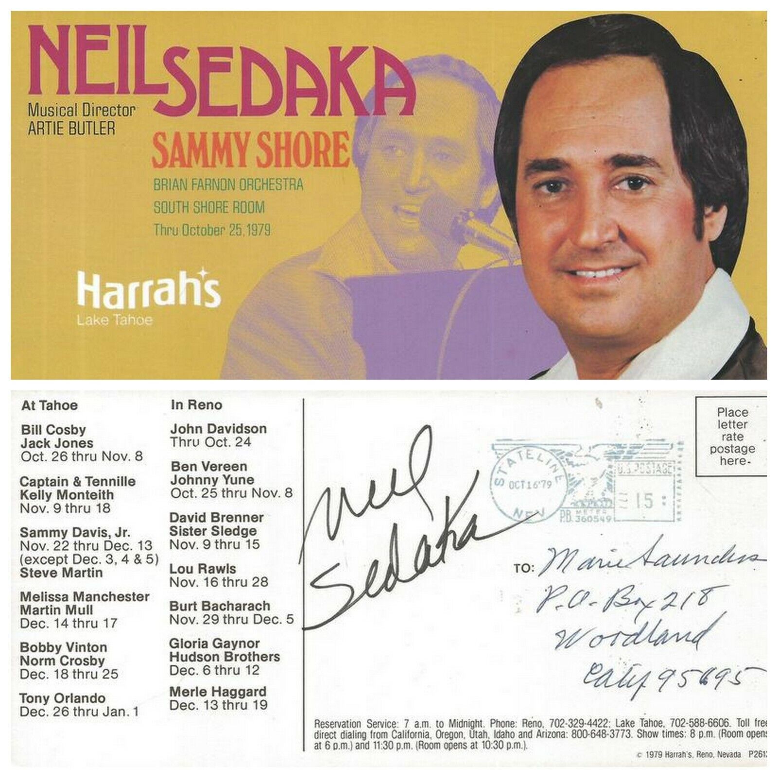 Neil Sedaka Signed 1979 Harrah's Lake Tahoe Promotional Card