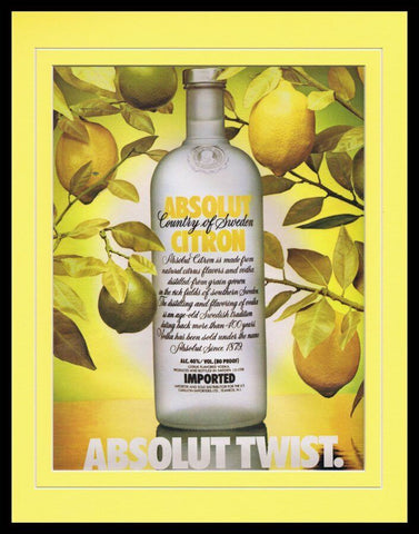 1990 Absolut Citron Vodka 11x14 Framed ORIGINAL Vintage Advertisement