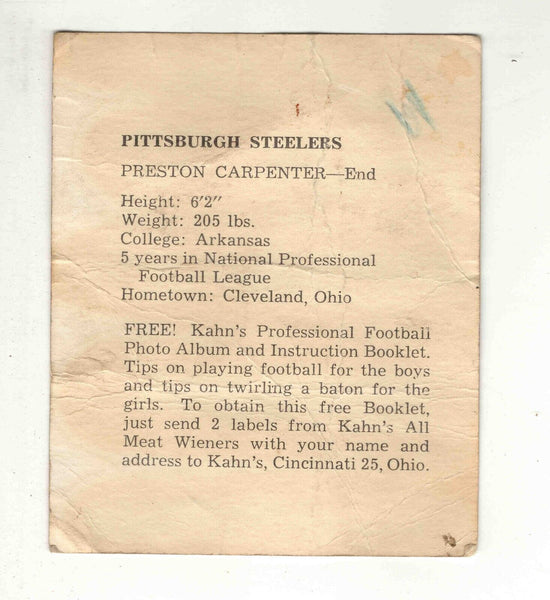 Preston Carpenter 1962 Kahn's Football Card Steelers