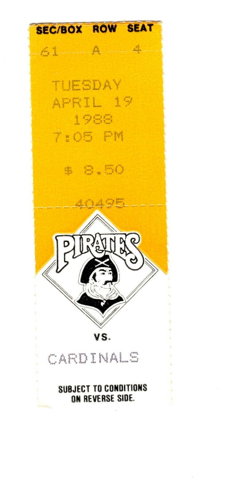 Apr 19 1988 St Louis Cardinals @ Pittsburgh Pirates Ticket Bonds Ozzie Smith