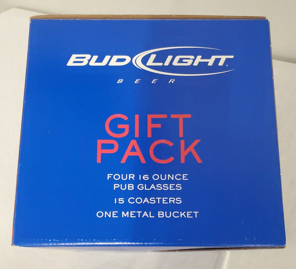 NEW SEALED Bud Light Beer 20 Piece Gift Pack 4 Glasses 15 Coasters 1 Bucket