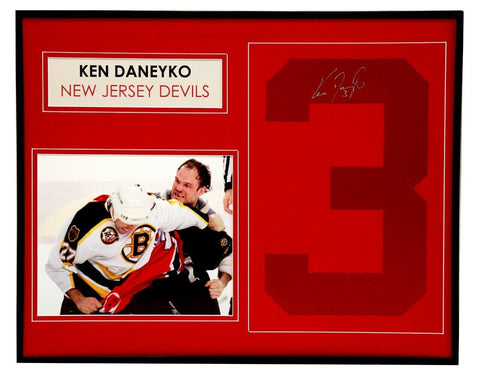 Ken Daneyko Signed Framed 16x20 Jersey # & Fight Photo Display JSA Devils