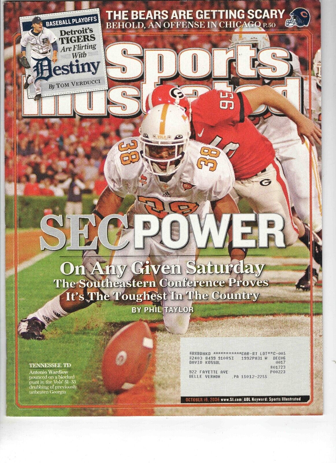 Oct 16 2006 Sports Illustrated Magazine Antonio Wardlow Tennessee