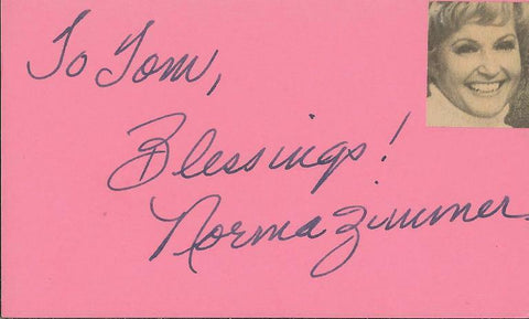 Norma Zimmer Signed Vintage 3x5 Index Card JSA Lawrence Welk Show