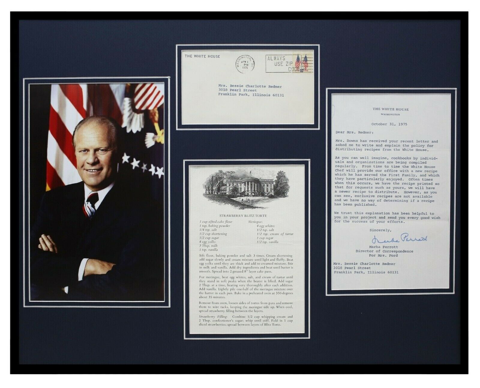 Gerald Ford 16x20 Framed ORIGINAL 1975 Strawberry Torte Recipe & Photo Display 