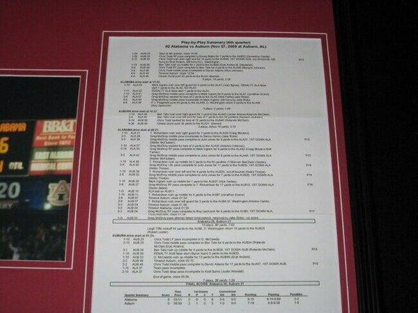 2009 Alabama Auburn Iron Bowl Framed 16x20 Photo & 4th Q Play by Play Display