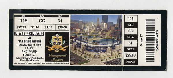 Aug 11 2001 San Diego Padres Pittsburgh Pirates Ticket Tony Gwynn FINAL HR