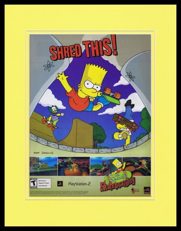 Simpsons Skateboarding 2002 PS2 Framed 11x14 ORIGINAL Advertisement