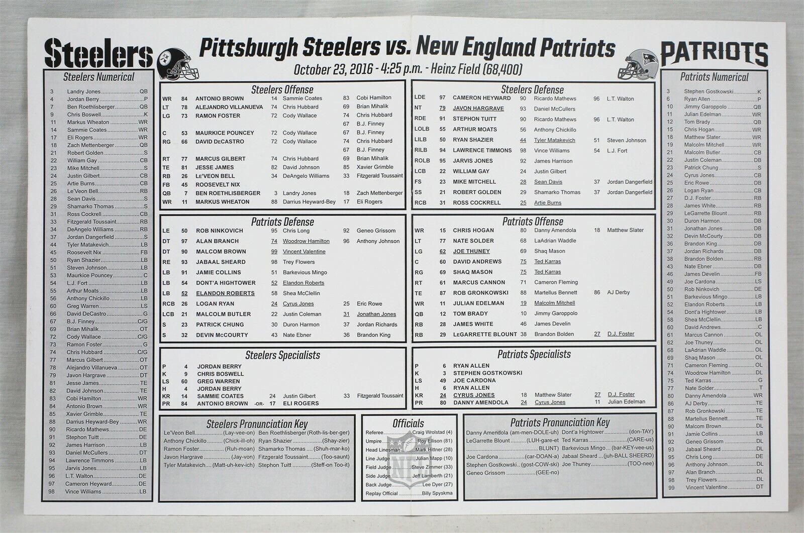 ORIGINAL 2016 New England Patriots @ Pittsburgh Steelers Lineup Card Tom Brady