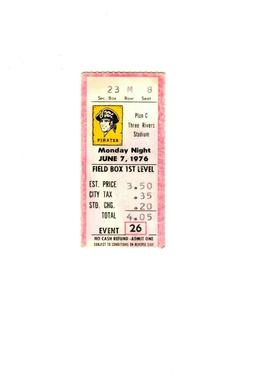 June 7 1976 Cincinnati Reds @ Pittsburgh Pirates Ticket Monday Night Baseball