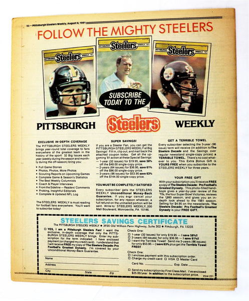  VINTAGE Aug 1981 Pittsburgh Steelers Weekly Magazine Robbie Martin