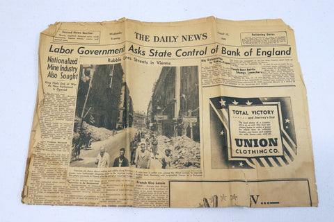 ORIGINAL Vintage Aug 15 1945 WWII Era PA Daily News Newspaper Bank of England