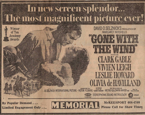 VINTAGE 1970 Gone With the Wind Newspaper Advertisement Clark Gable Vivien Leigh