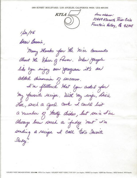 Ed Arnold Signed Handwritten 1975 Fudge Recipe & Letter KTLA