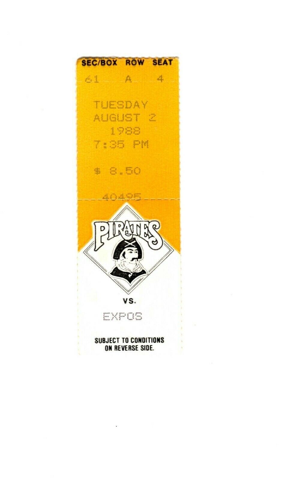 Aug 2 1988 Montreal Expos @ Pittsburgh Pirates Ticket Jose Lind Walkoff