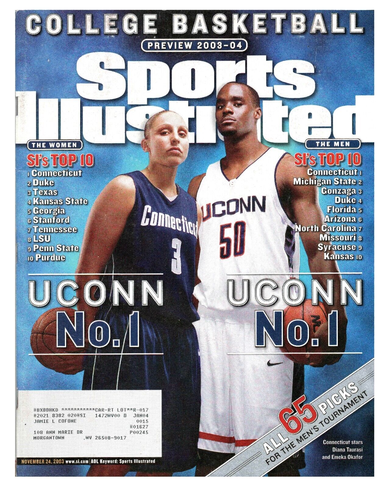 Nov 24 2003 Sports Illustrated Magazine UConn Emeka Okafor Diana Taurasi