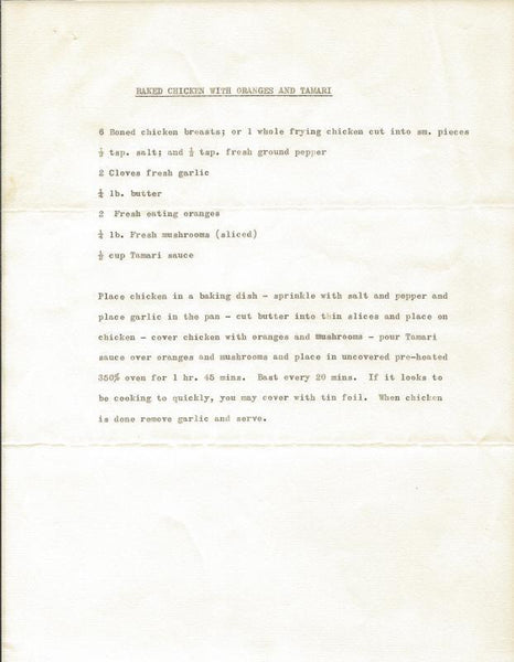 Peter Bonerz Signed 1974 Typed Letter & Baked Chicken Recipe