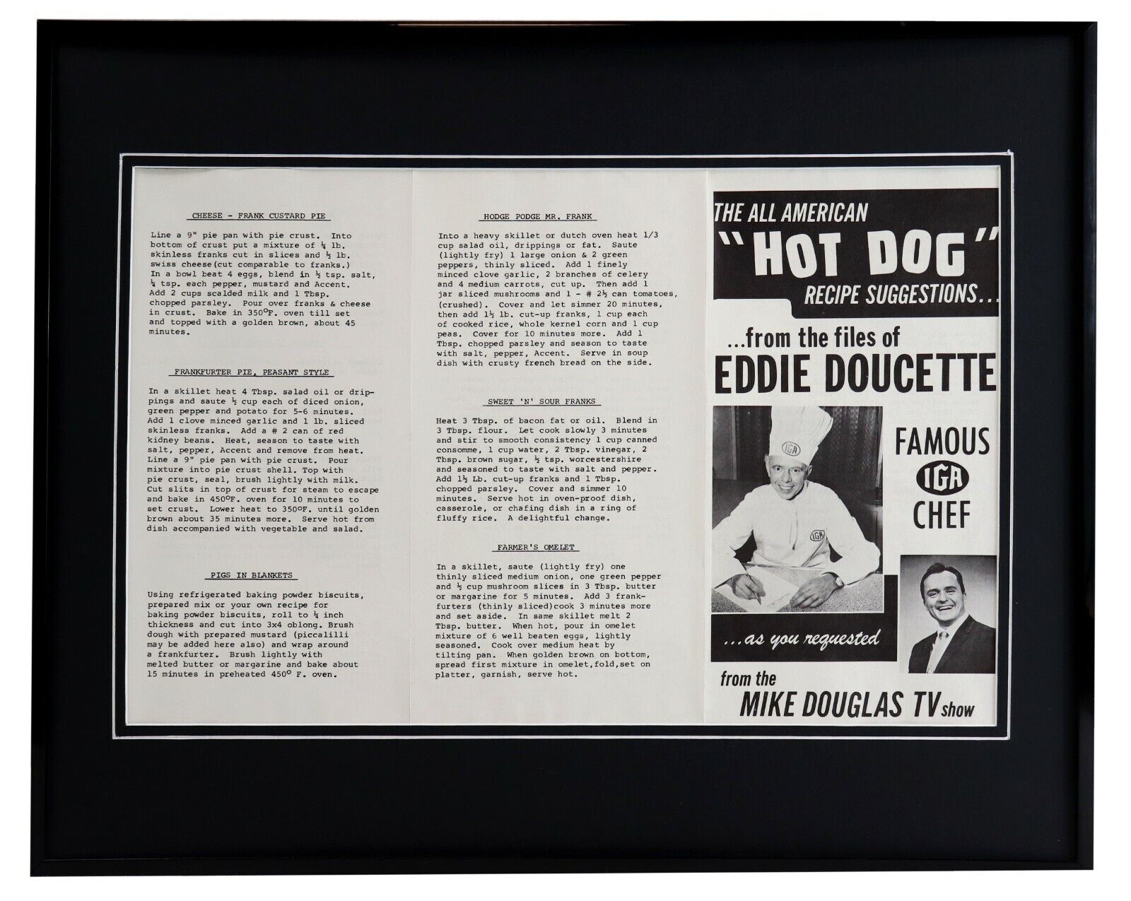 IGA Chef Eddie Doucette ORIGINAL 1960s Framed 16x20 Hot Dog Recipes Poster